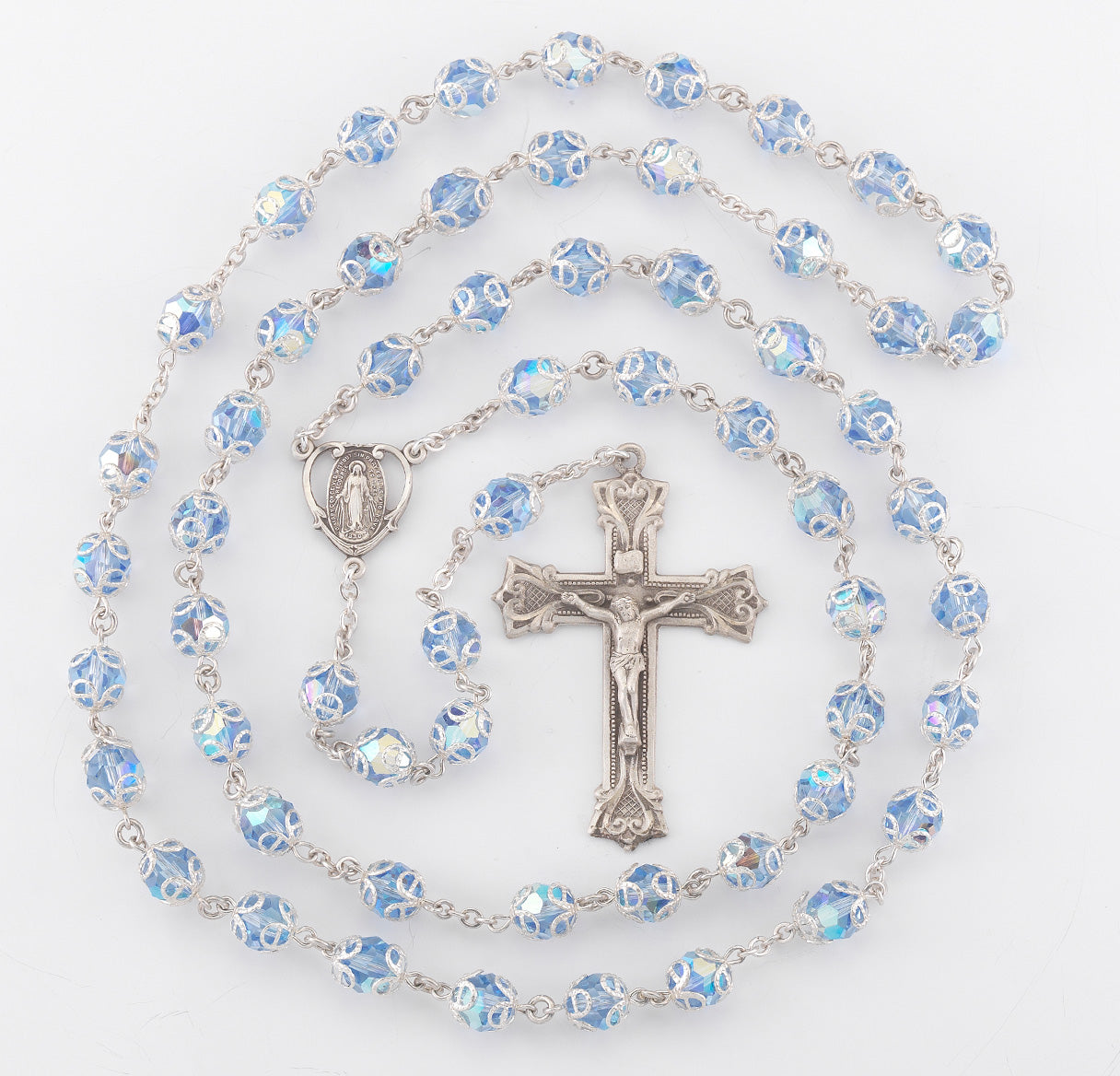 Sterling Silver Rosary Hand Made with finest Austrian Crystal 8mm Light Sapphire Double Capped Beads by HMH | .925 Silver