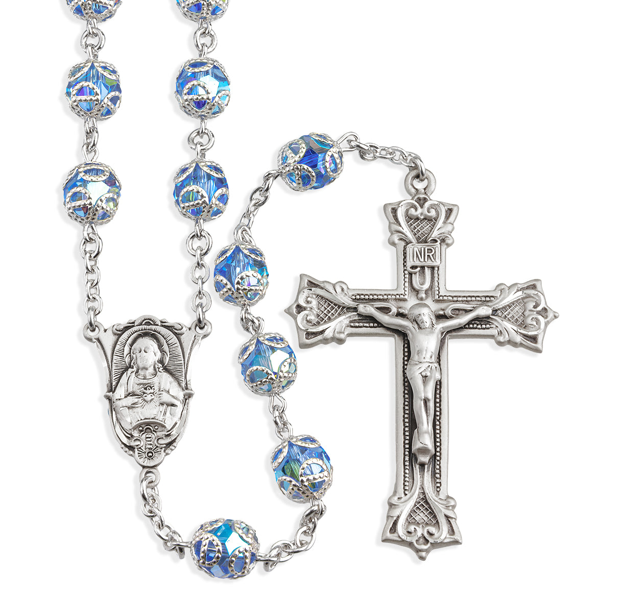 Sterling Silver Rosary Hand Made with finest Austrian Crystal 8mm Light Sapphire Double Capped Beads by HMH | .925 Silver