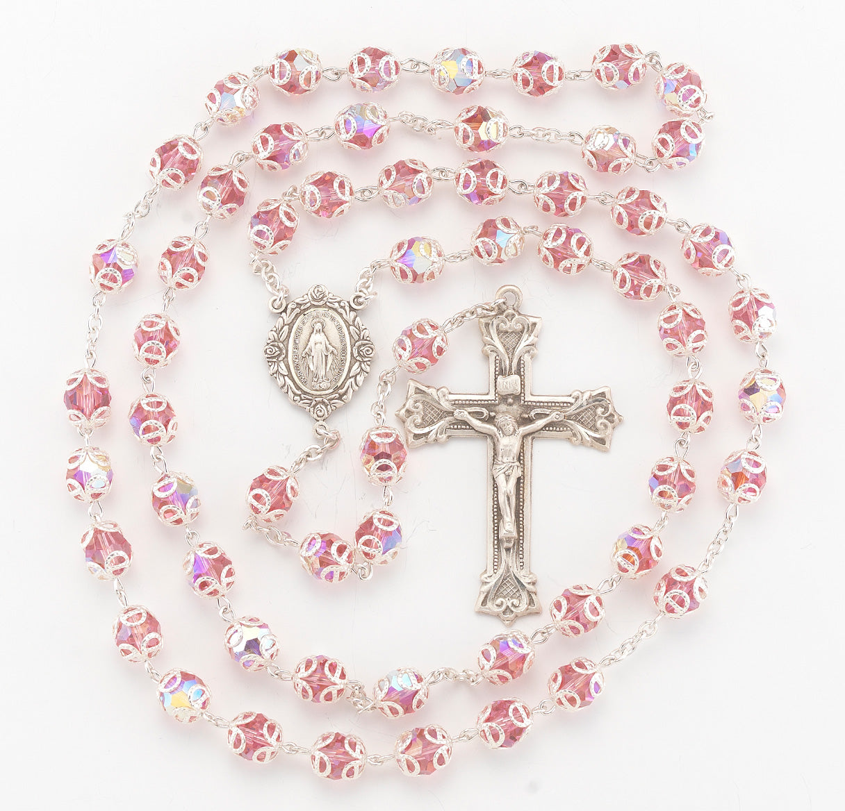 Sterling Silver Rosary Hand Made with finest Austrian Crystal 8mm Pink Double Capped Beads by HMH