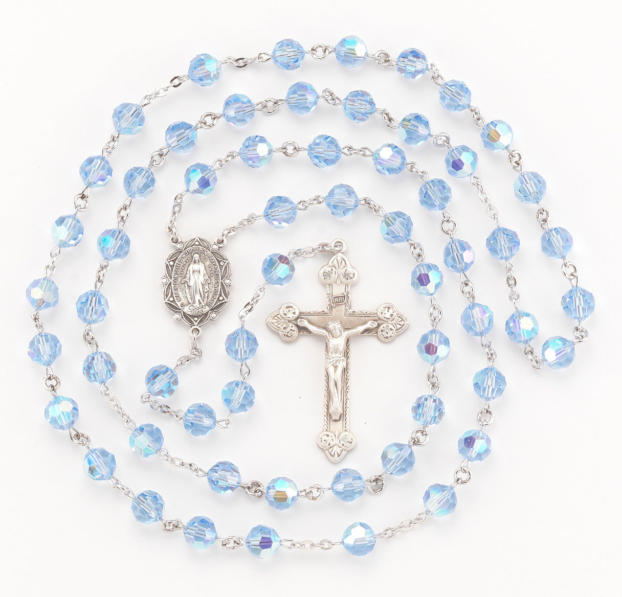 Sterling Silver Rosary Hand Made with finest Austrian Crystal 8mm Light Sapphire Beads by HMH | .925 Silver