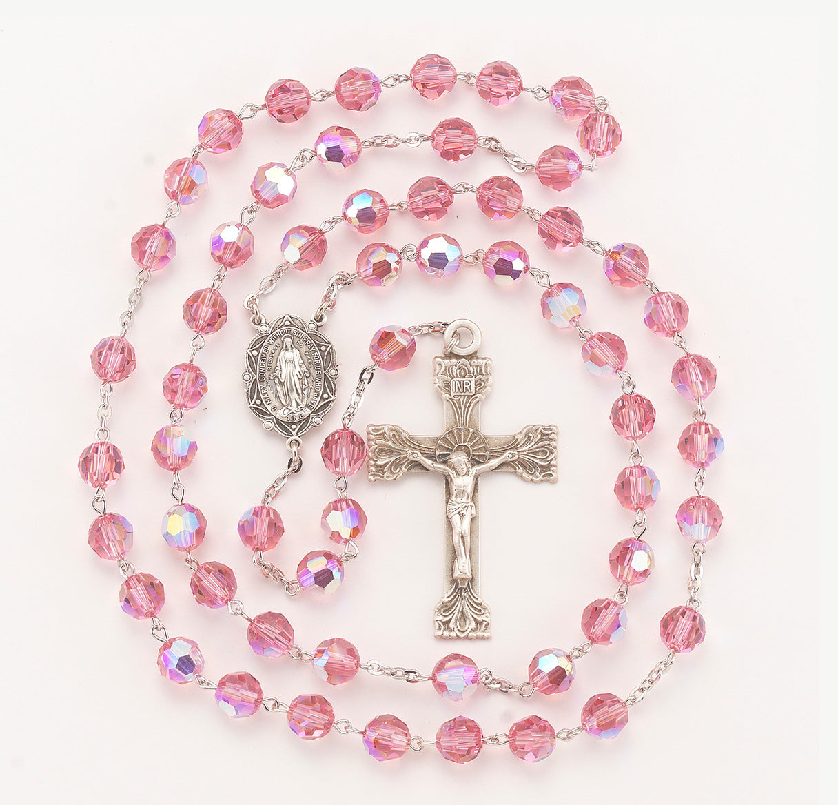 Sterling Silver Rosary Hand Made with finest Austrian Crystal 8mm Pink Beads by HMH
