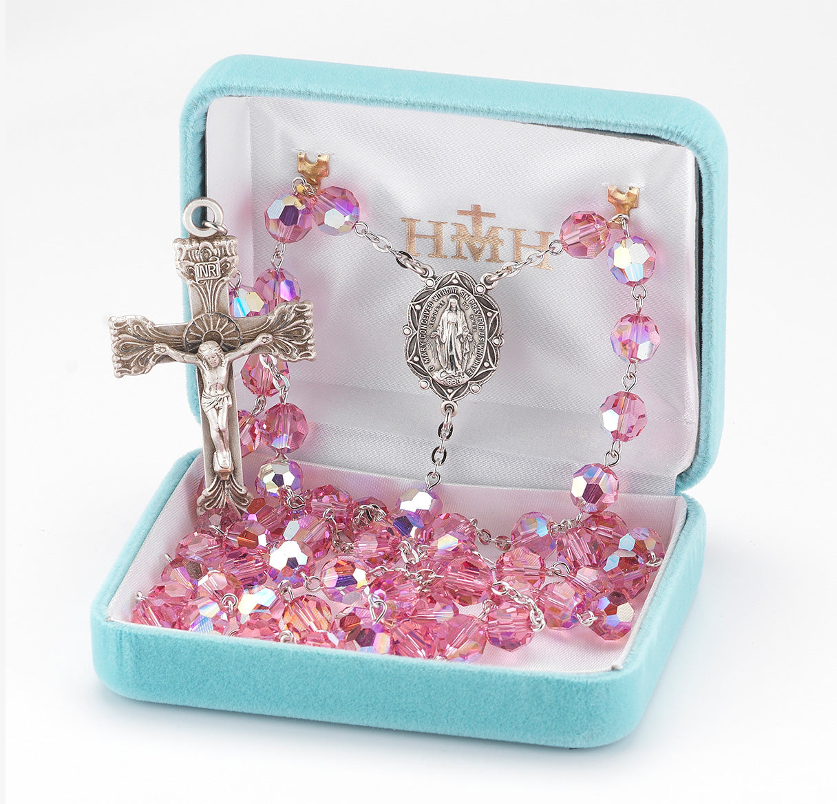 Sterling Silver Rosary Hand Made with finest Austrian Crystal 8mm Pink Beads by HMH