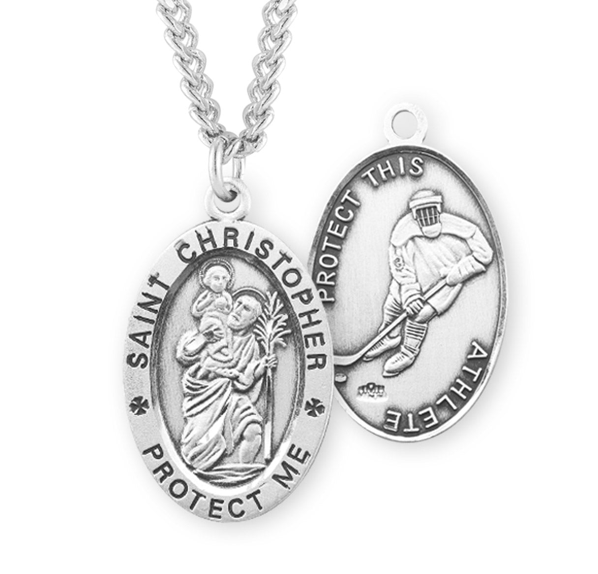 Saint Christopher Oval Sterling Silver Hockey Male Athlete Medal Pendant with Chain