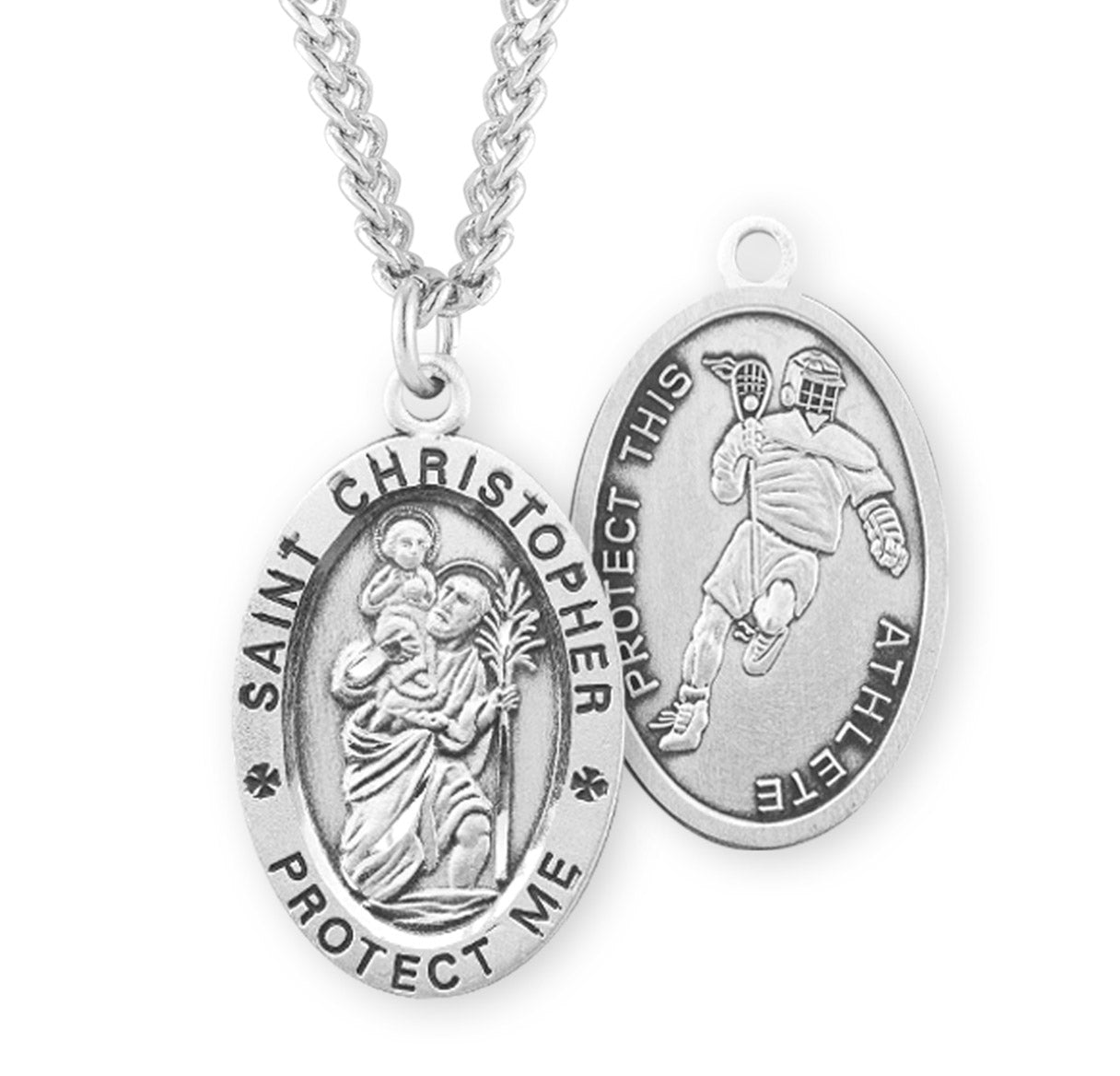 Saint Christopher Oval Sterling Silver Lacrosse Male Athlete Medal Pendant with Chain