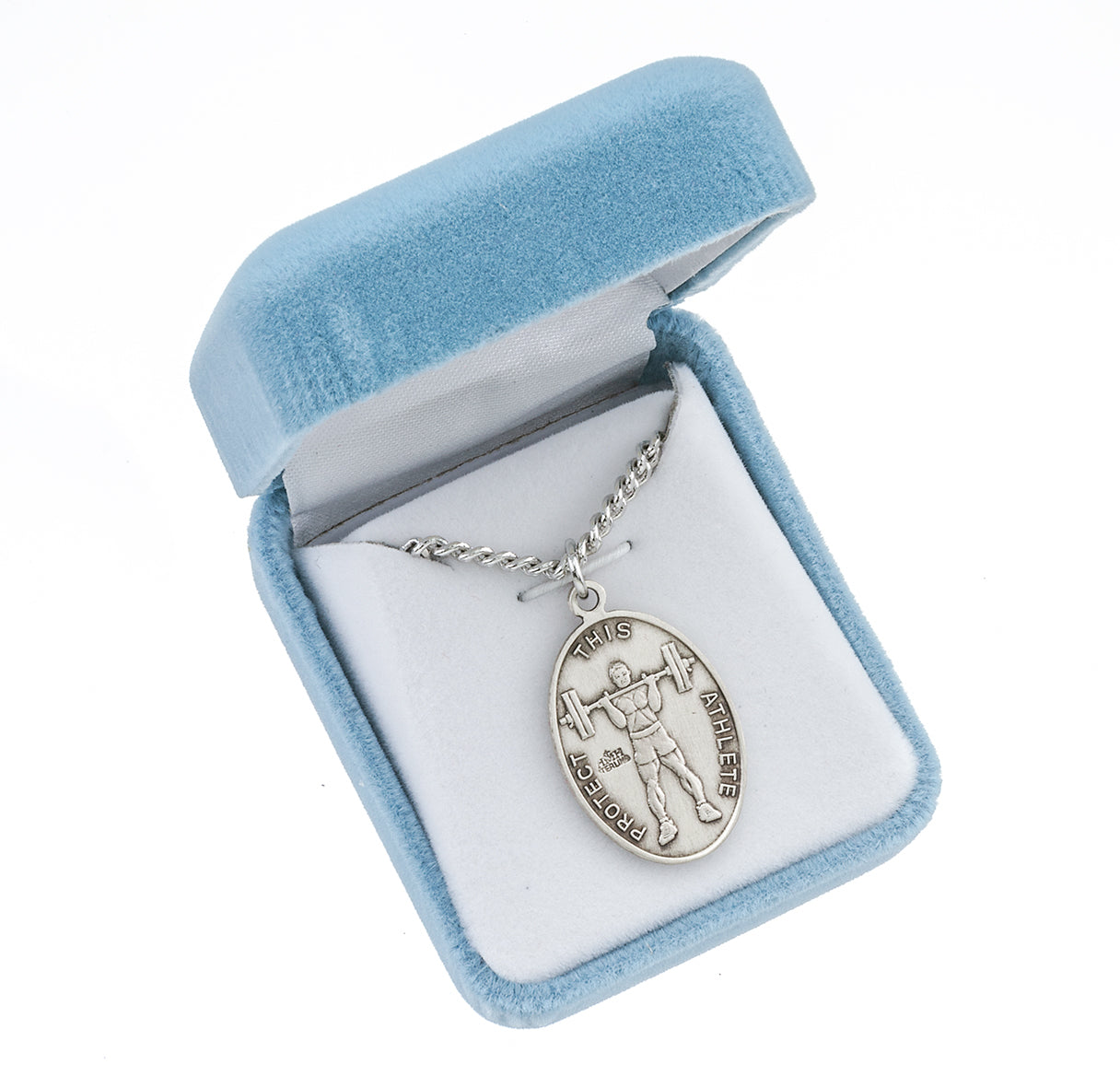 Saint Christopher Oval Sterling Silver weightlifting Male Athlete Medal Pendant with Chain