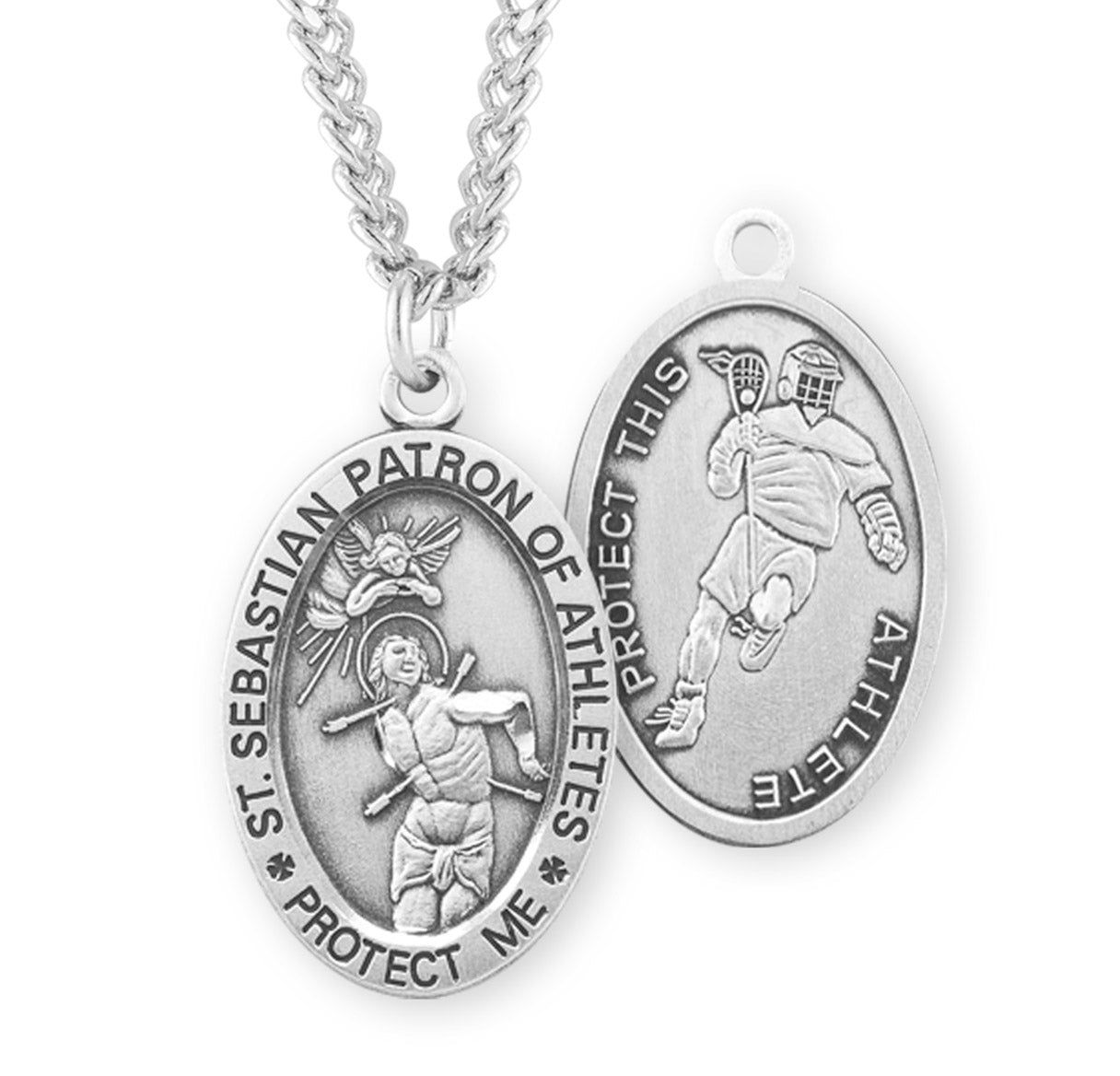 Saint Sebastian Oval Sterling Silver Lacrosse Male Athlete Medal Pendant with Chain