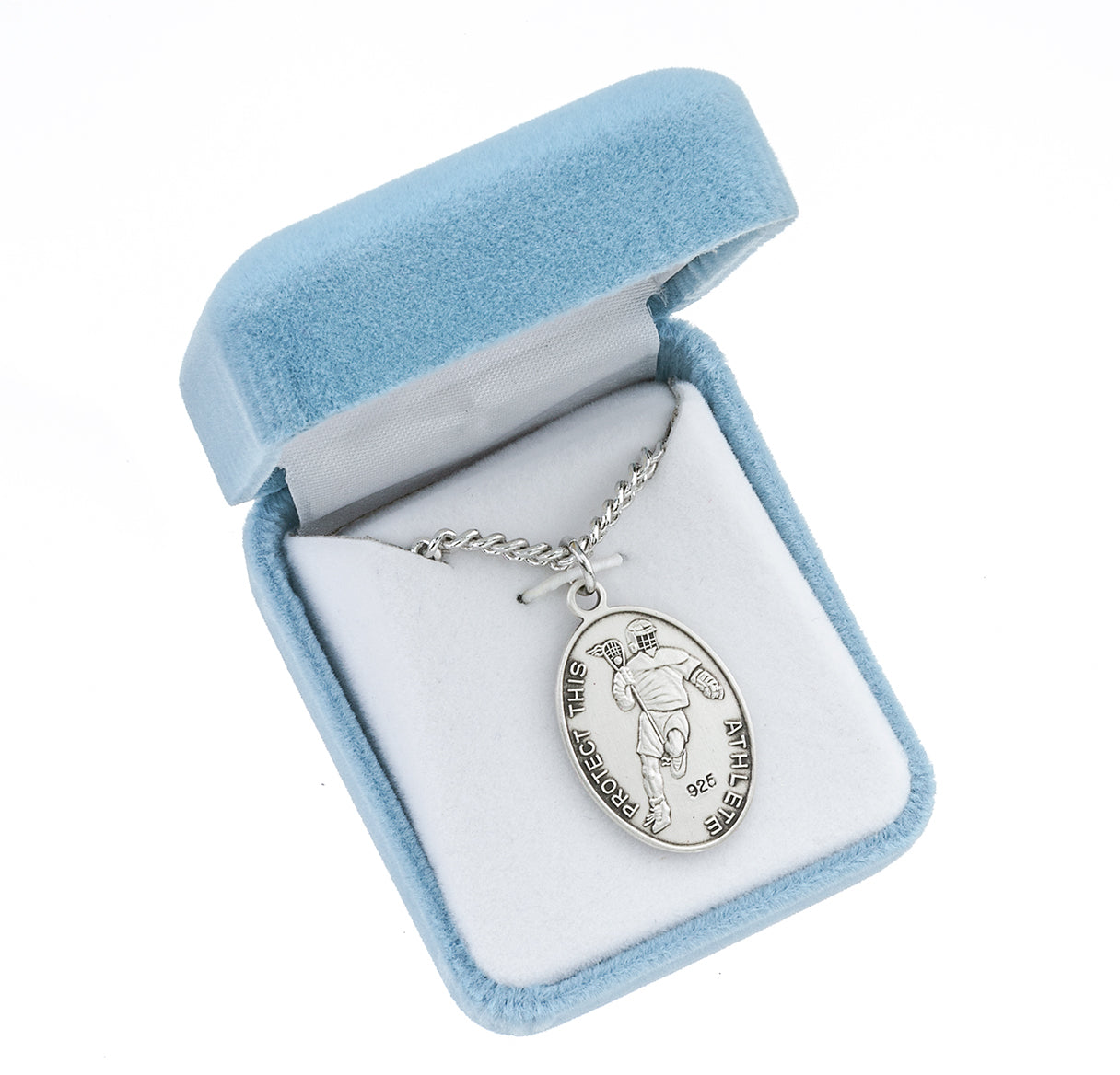 Saint Sebastian Oval Sterling Silver Lacrosse Male Athlete Medal Pendant with Chain