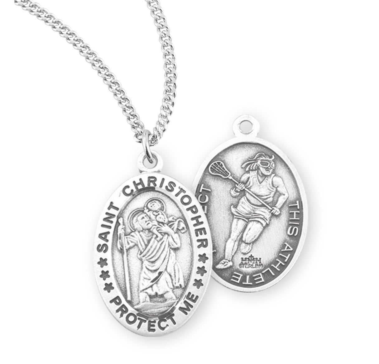 Saint Christopher Oval Sterling Silver Female Lacrosse Athlete Medal Pendant with Chain