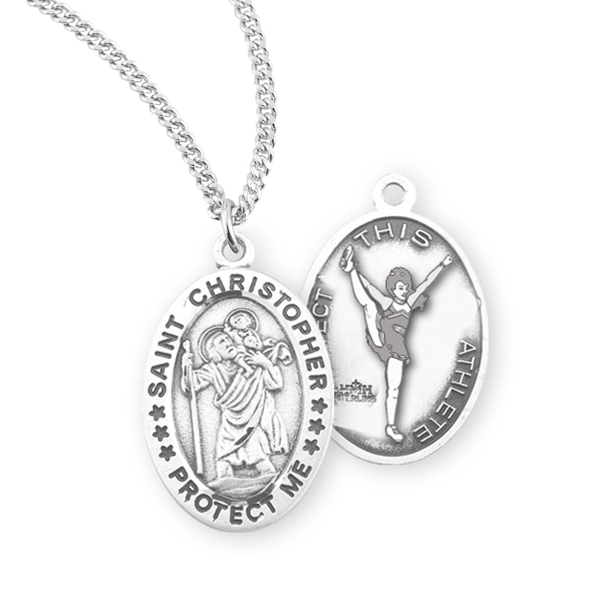 Saint Christopher Oval Sterling Silver Female Cheer Athlete Medal Pendant with Chain
