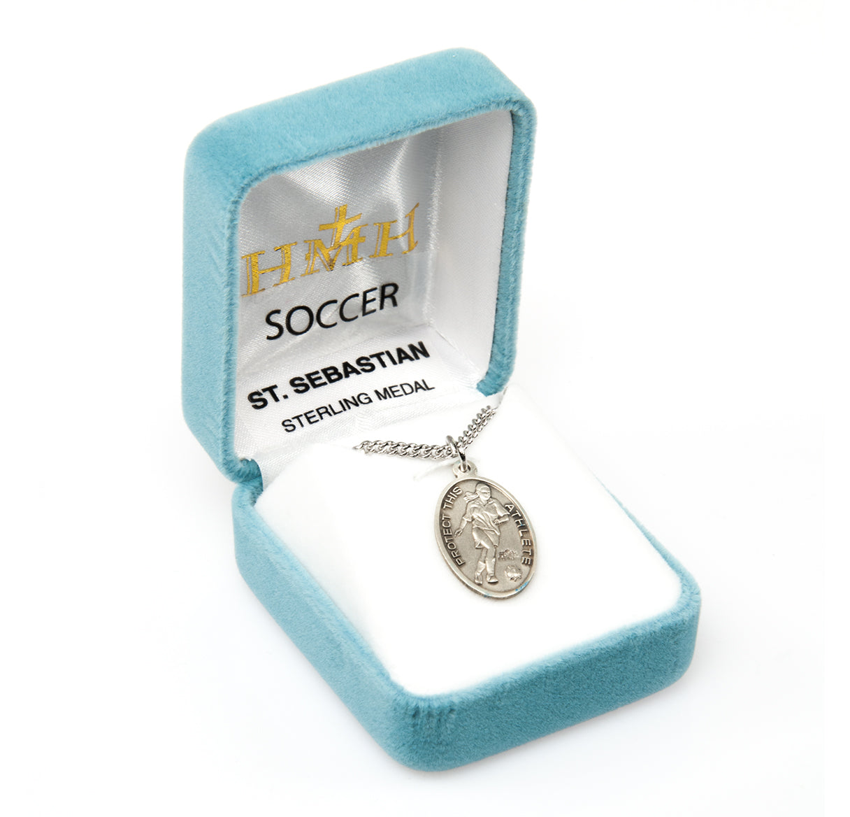 Saint Sebastian Oval Sterling Silver Female Soccer Athlete Medal Pendant with Chain