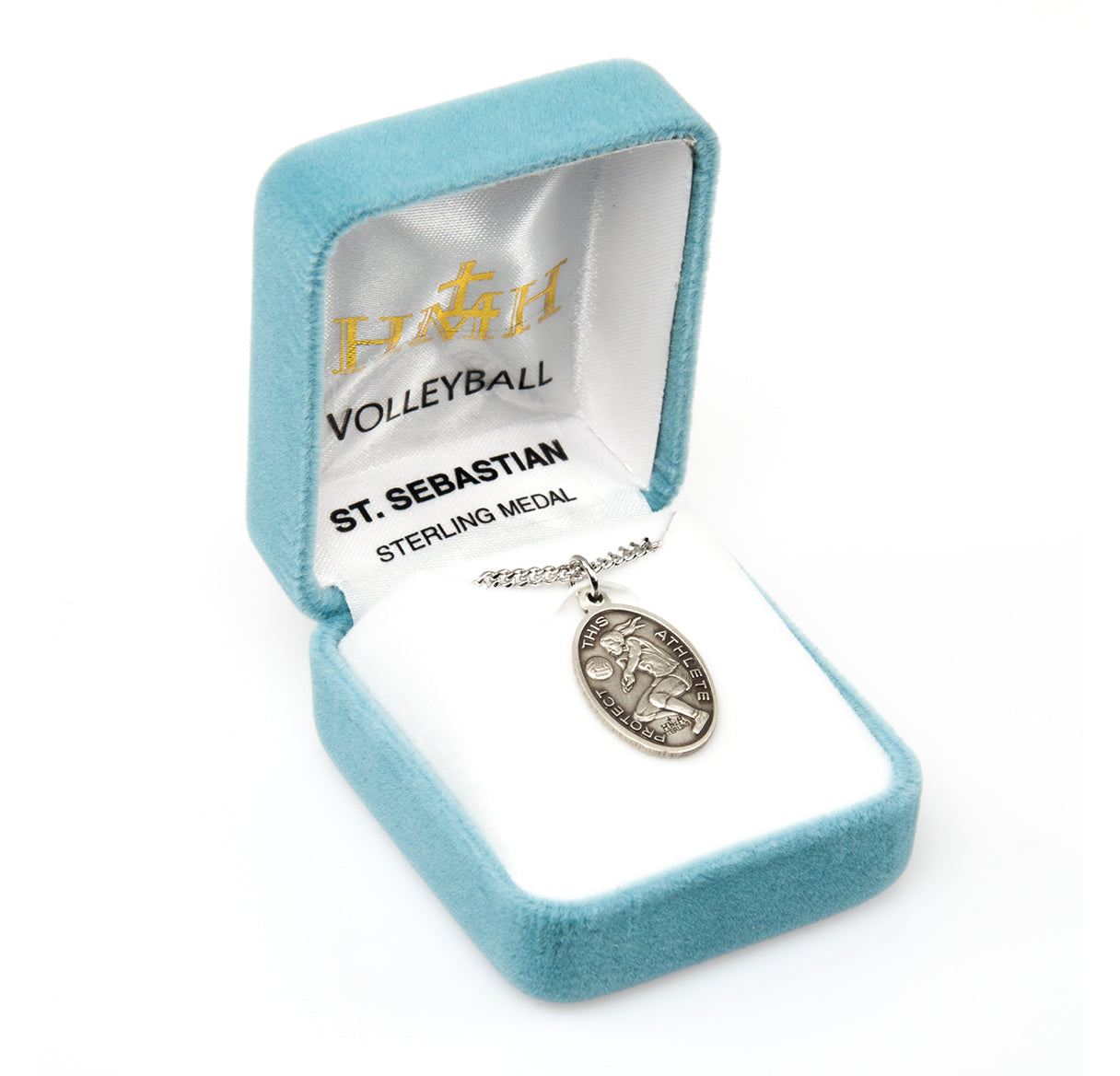Saint Sebastian Oval Sterling Silver Female Volleyball Athlete Medal Pendant with Chain