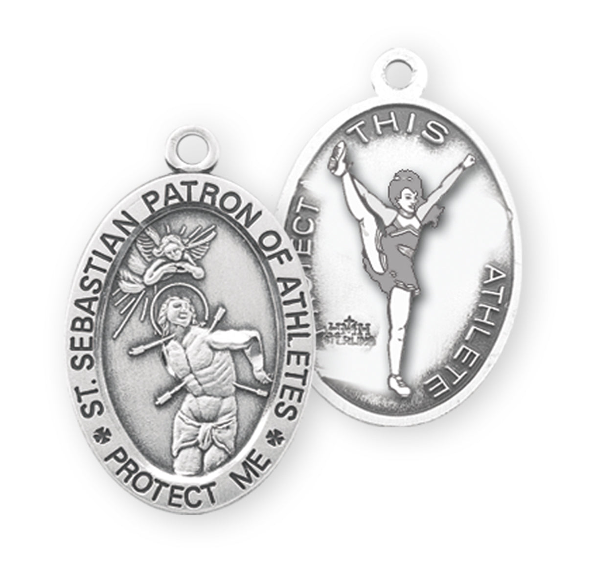 Saint Sebastian Oval Sterling Silver Female Cheer Athlete Medal Pendant with Chain