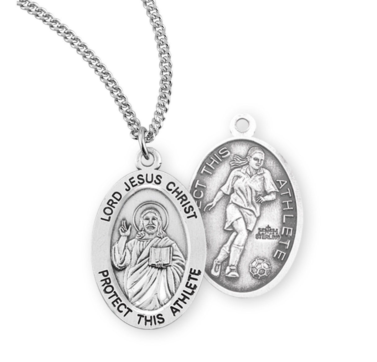 Lord Jesus Christ Oval Sterling Silver Female Soccer Athlete Medal Pendant with Chain