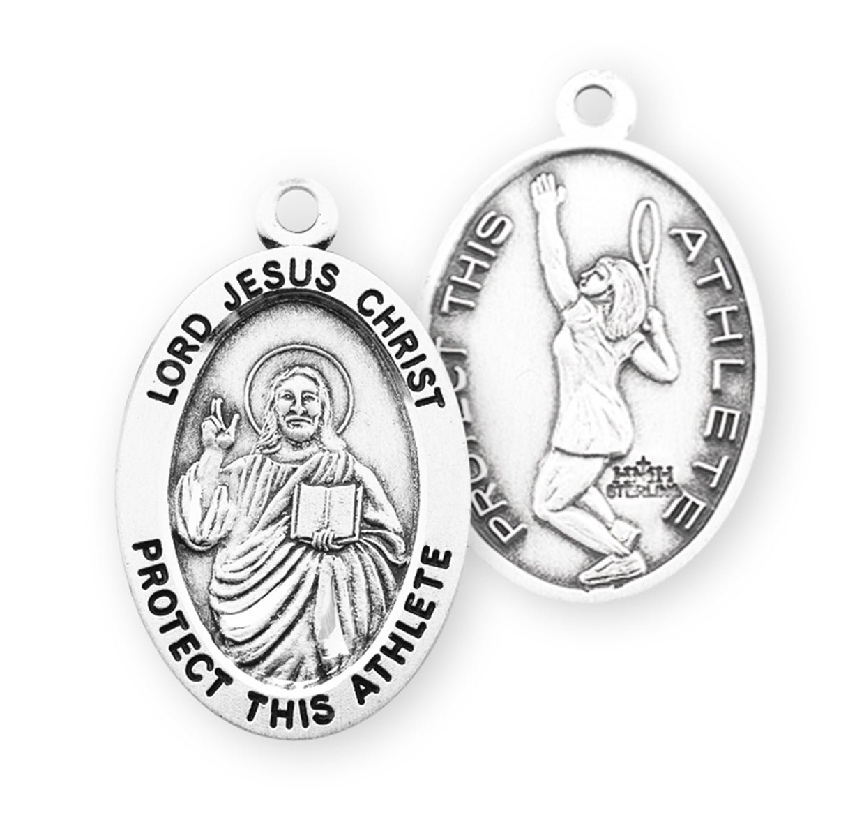 Lord Jesus Christ Oval Sterling Silver Female Tennis Athlete Medal Pendant with Chain