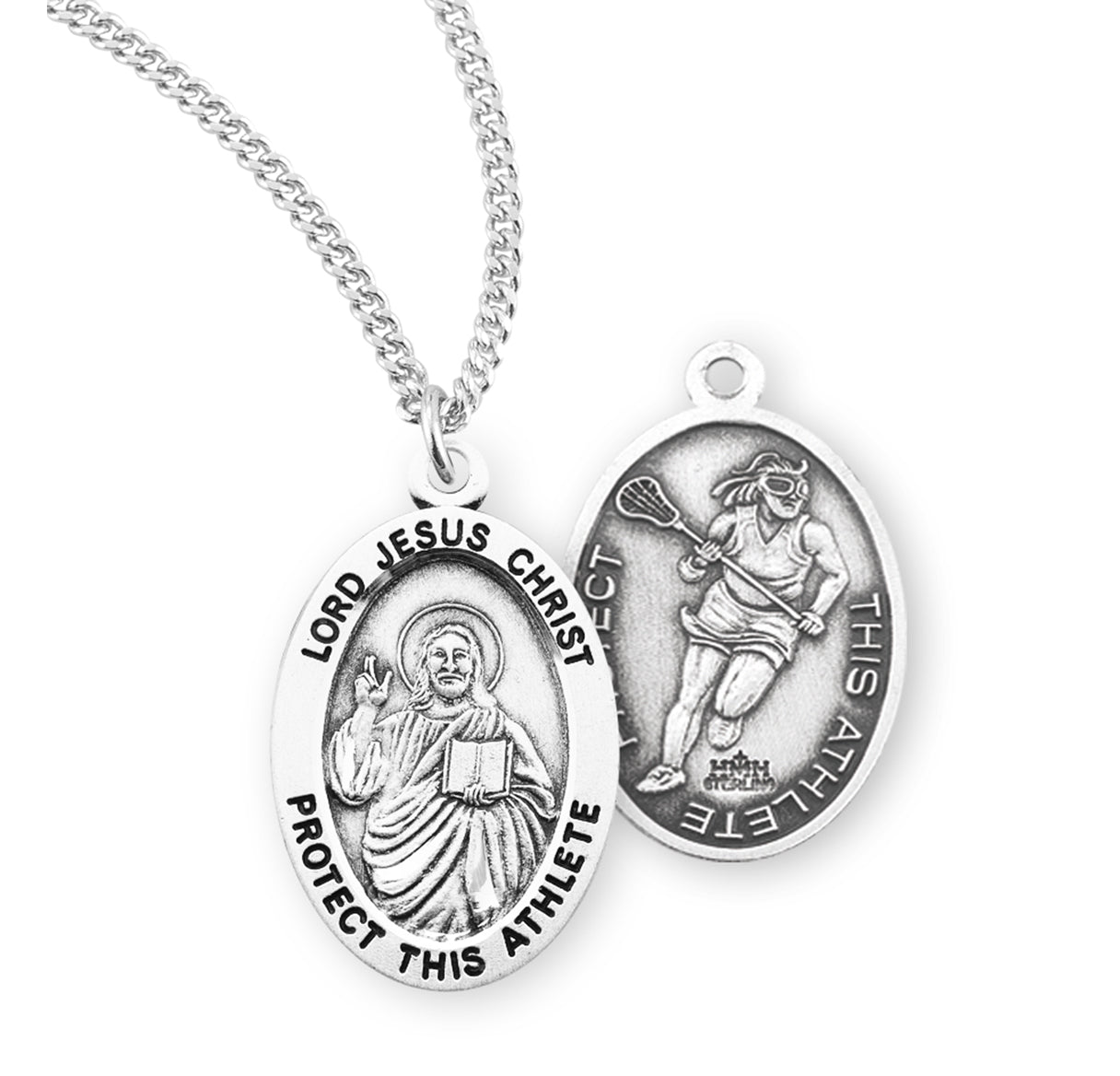 Lord Jesus Christ Oval Sterling Silver Female Lacrosse Athlete Medal Pendant with Chain
