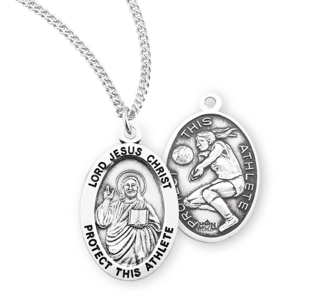 Lord Jesus Christ Oval Sterling Silver Female Volleyball Athlete Medal Pendant with Chain