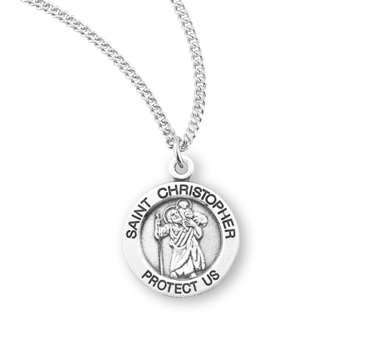 Patron Saint Christopher Round Sterling Silver Medal Pendant with Chain