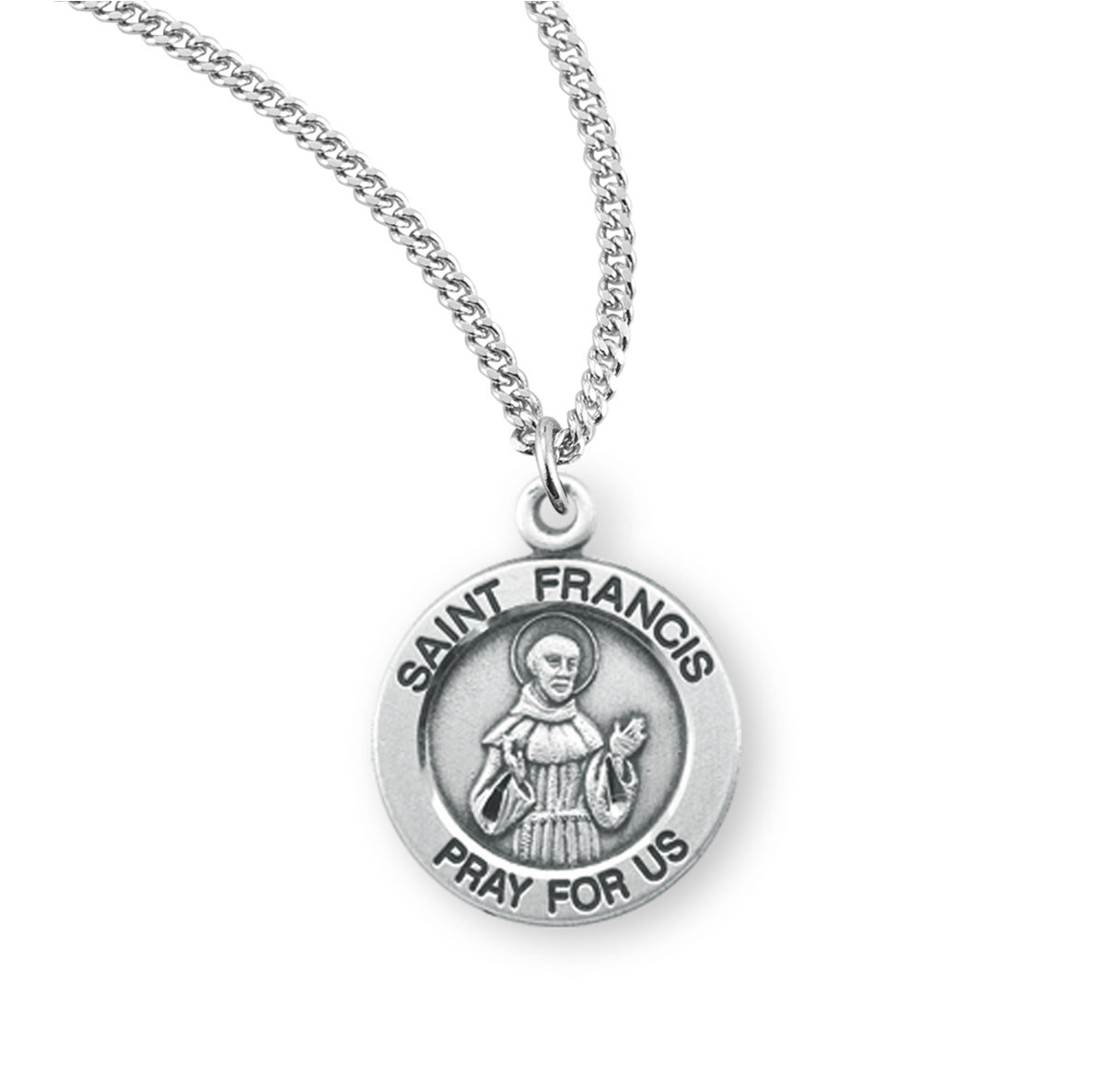 Patron Saint Francis of Assisi Round Sterling Silver Medal Pendant with Chain