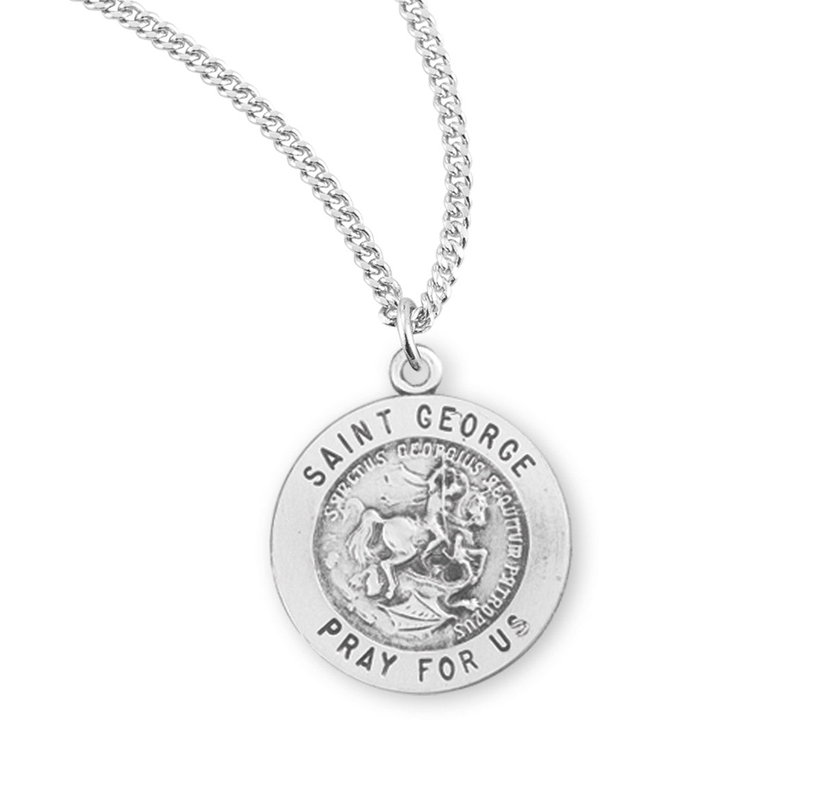 Patron Saint George Round Sterling Silver Medal Pendant with Chain