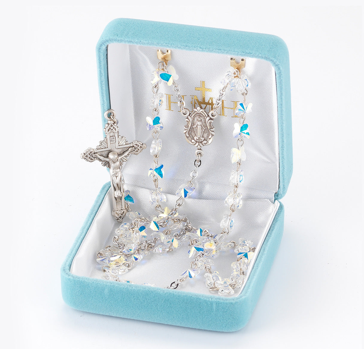 Sterling Silver Rosary Hand Made with 6mm finest Austrian Crystal 6mm Aurora Borealis Butterfly Beads by HMH