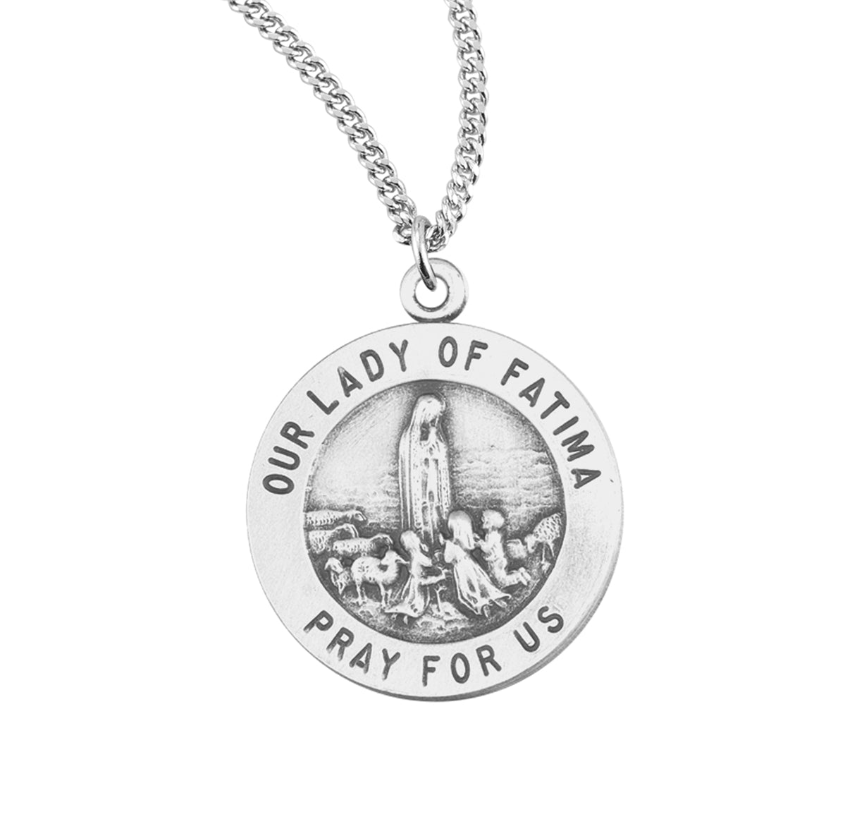 Our Lady of Fatima Round Sterling Silver Medal Pendant with Chain
