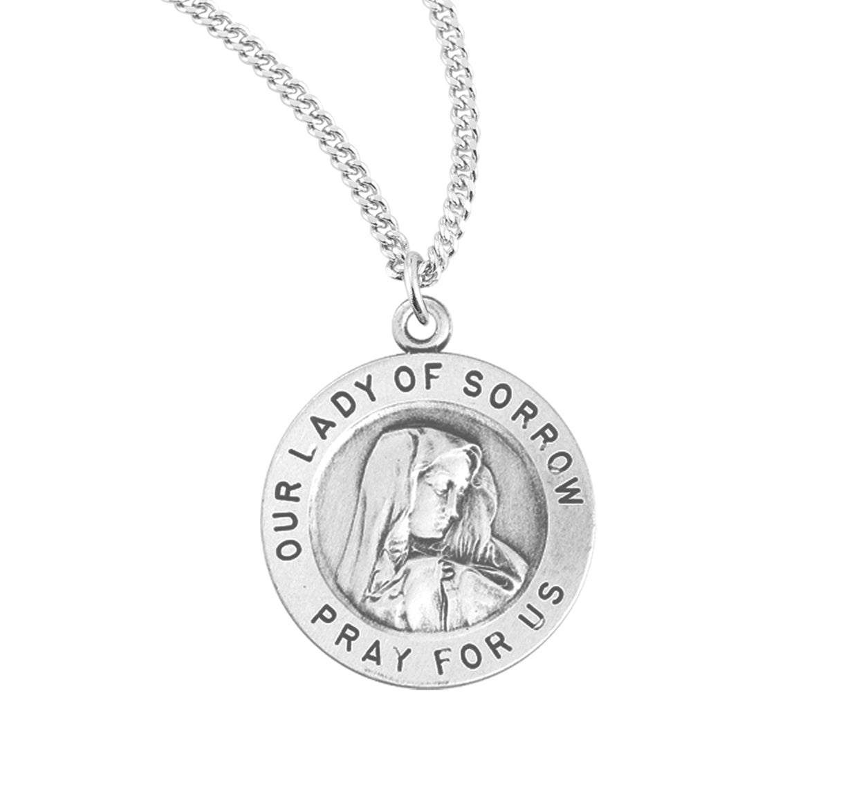 Our Lady of Sorrows Round Sterling Silver Medal Pendant with Chain