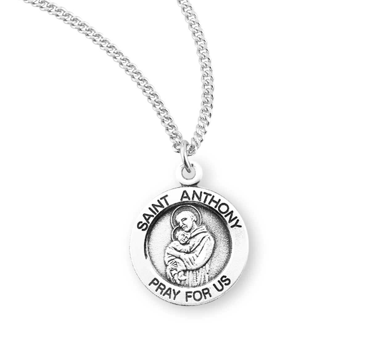 Patron Saint Anthony Round Sterling Silver Medal Pendant with Chain