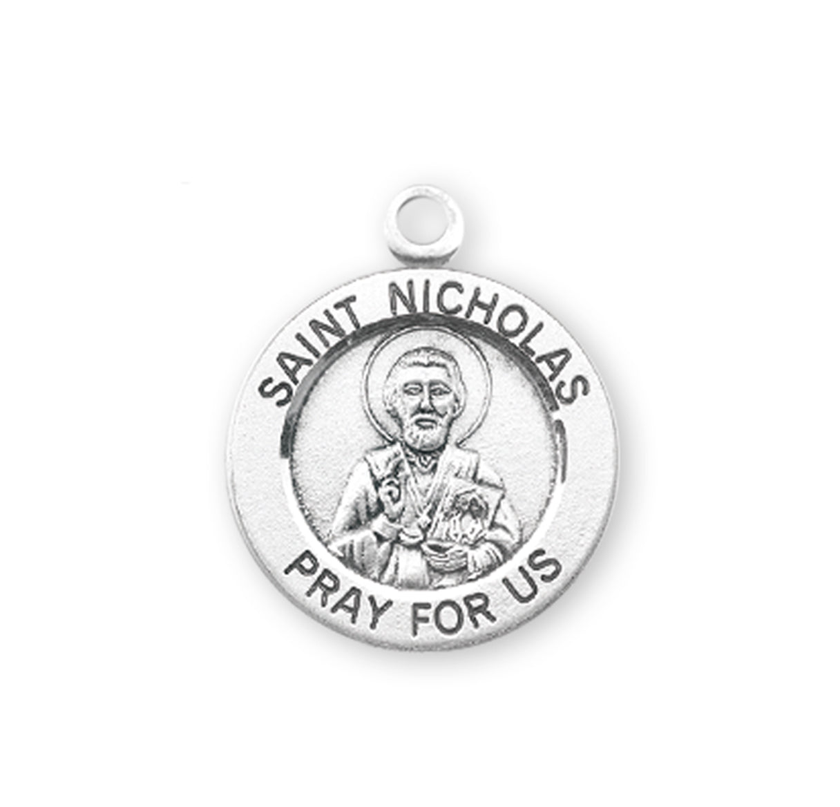 Patron Saint Nicholas Round Sterling Silver Medal Pendant with Chain