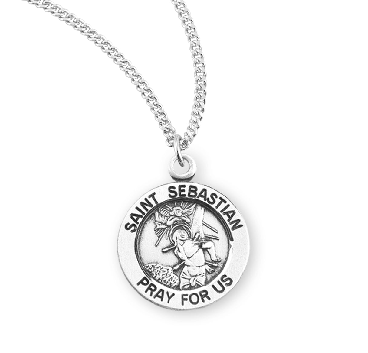 Patron Saint Sebastian Round Sterling Silver Medal Pendant with Chain