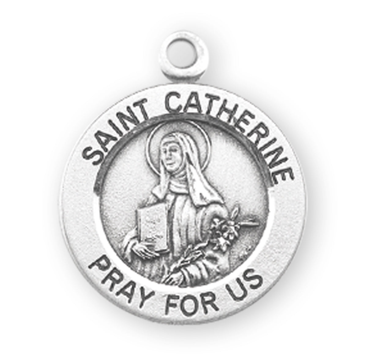 Patron Saint Catherine Round Sterling Silver Medal Pendant with Chain