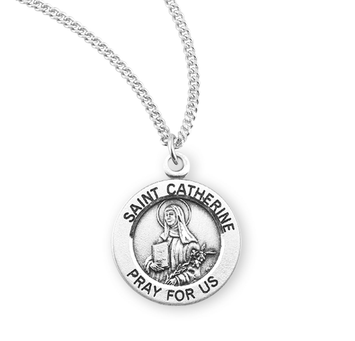 Patron Saint Catherine Round Sterling Silver Medal Pendant with Chain