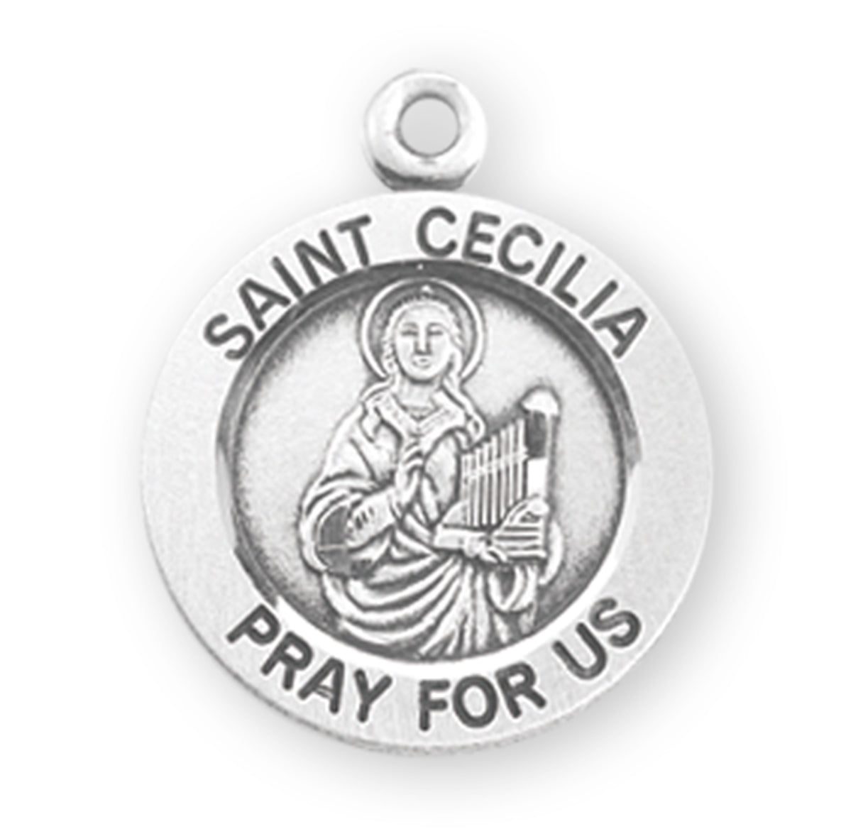 Patron Saint Cecilia Round Sterling Silver Medal Pendant with Chain