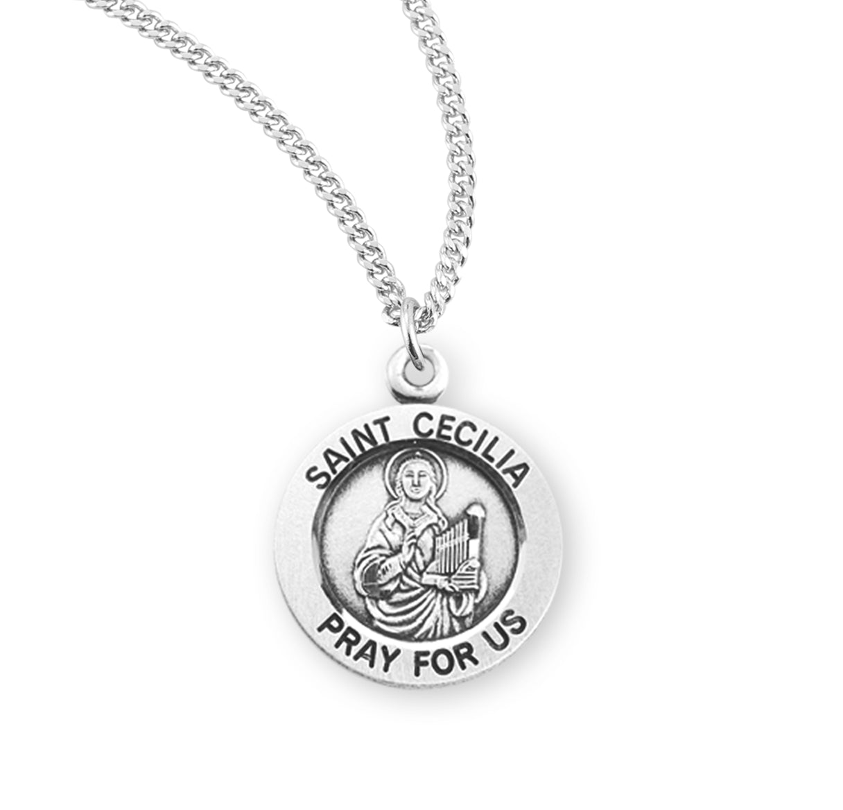 Patron Saint Cecilia Round Sterling Silver Medal Pendant with Chain