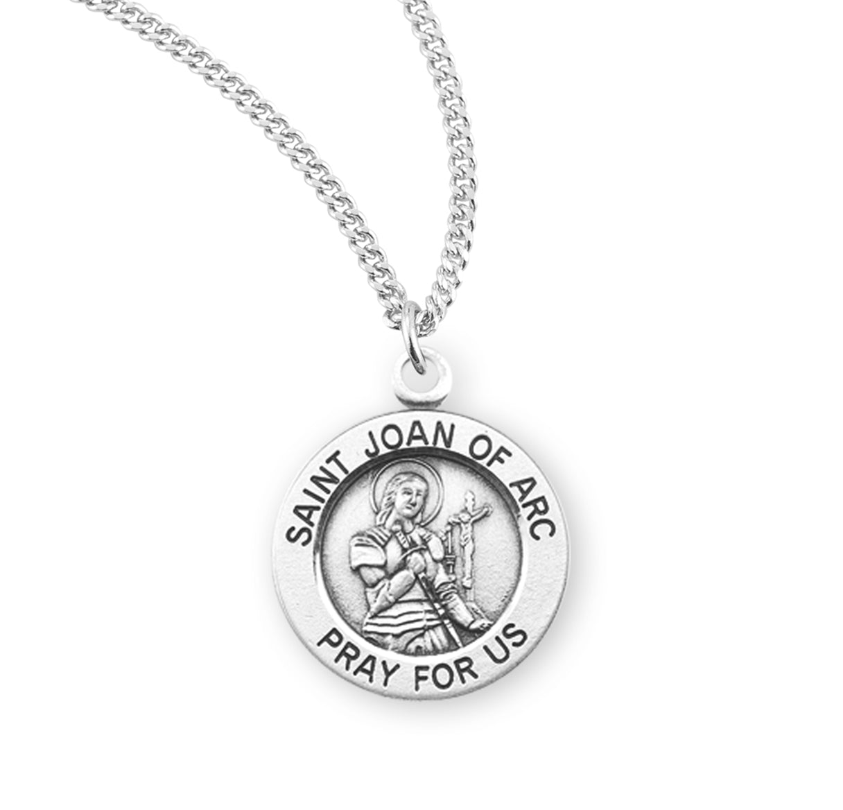Patron Saint Joan of Arc Round Sterling Silver Medal Pendant with Chain