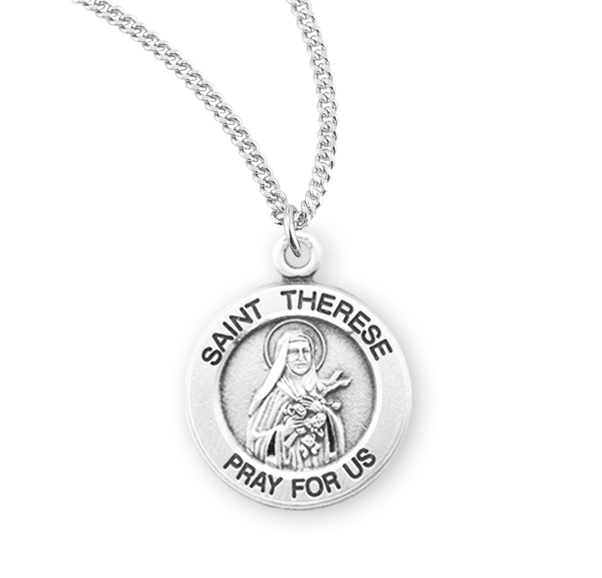 Saint Therese of Lisieux Round Sterling Silver Medal Pendant with Chain