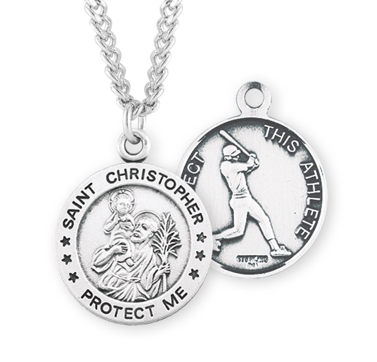 Saint Christopher Round Sterling Silver Baseball Male Athlete Medal Pendant with Chain