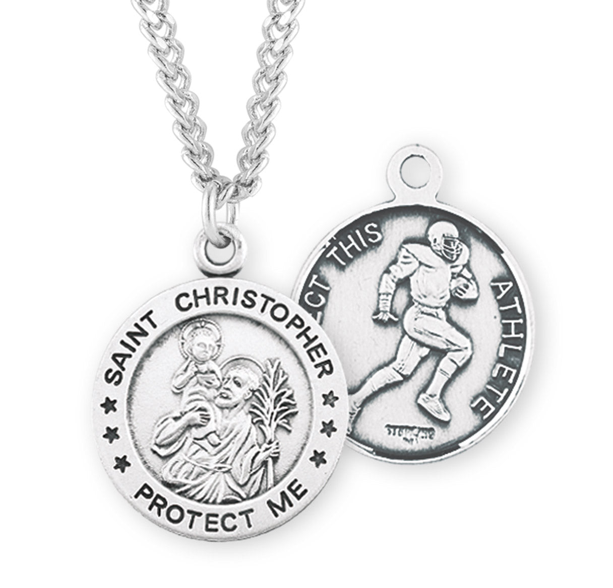 Saint Christopher Round Sterling Silver Football Male Athlete Medal Pendant with Chain