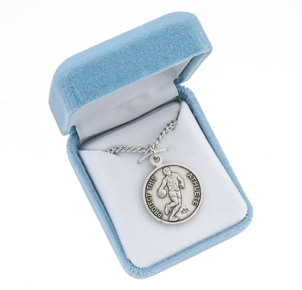 Saint Christopher Round Sterling Silver Basketball Male Athlete Medal Pendant with Chain