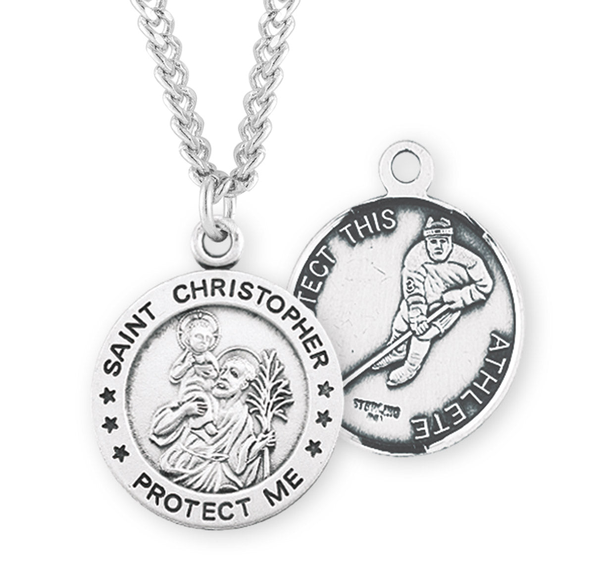Saint Christopher Round Sterling Silver Hockey Male Athlete Medal Pendant with Chain