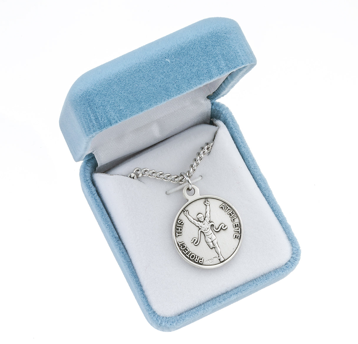 Saint Christopher Round Sterling Silver Track Male Athlete Medal Pendant with Chain