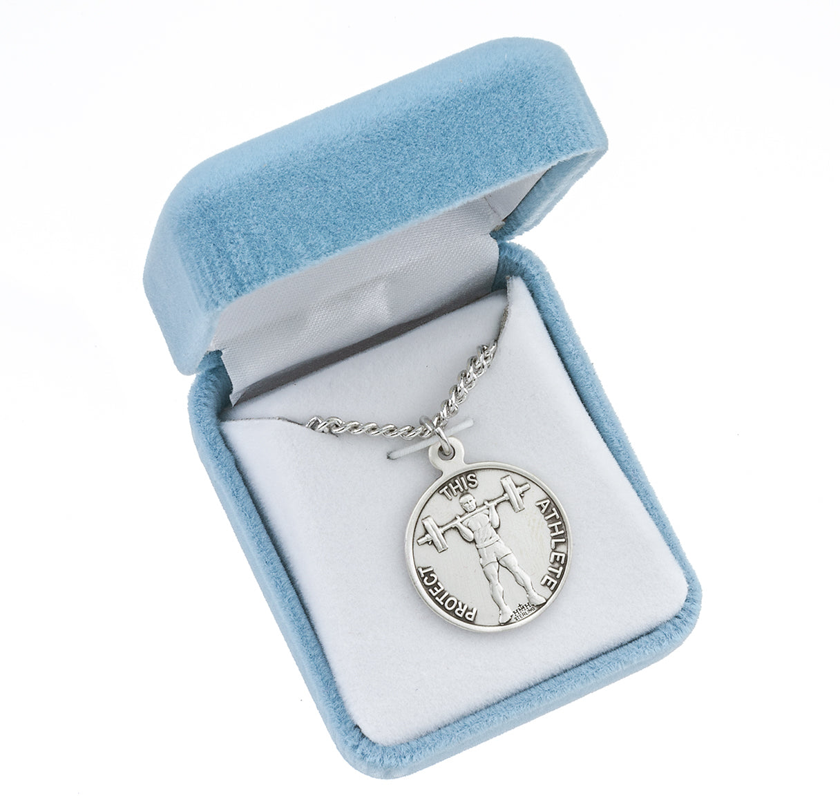 Saint Christopher Round Sterling Silver weightlifting Male Athlete Medal Pendant with Chain