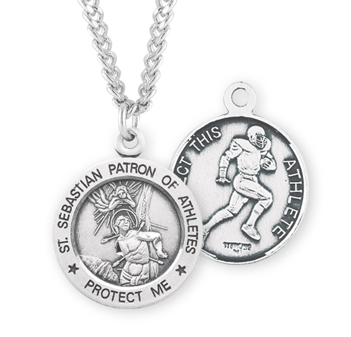 Saint Sebastian Round Sterling Silver Football Male Athlete Medal Pendant with Chain