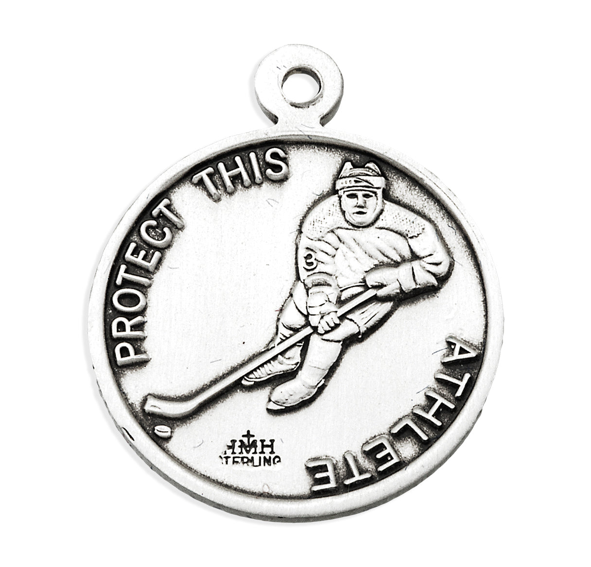 Saint Sebastian Round Sterling Silver Hockey Male Athlete Medal Pendant with Chain