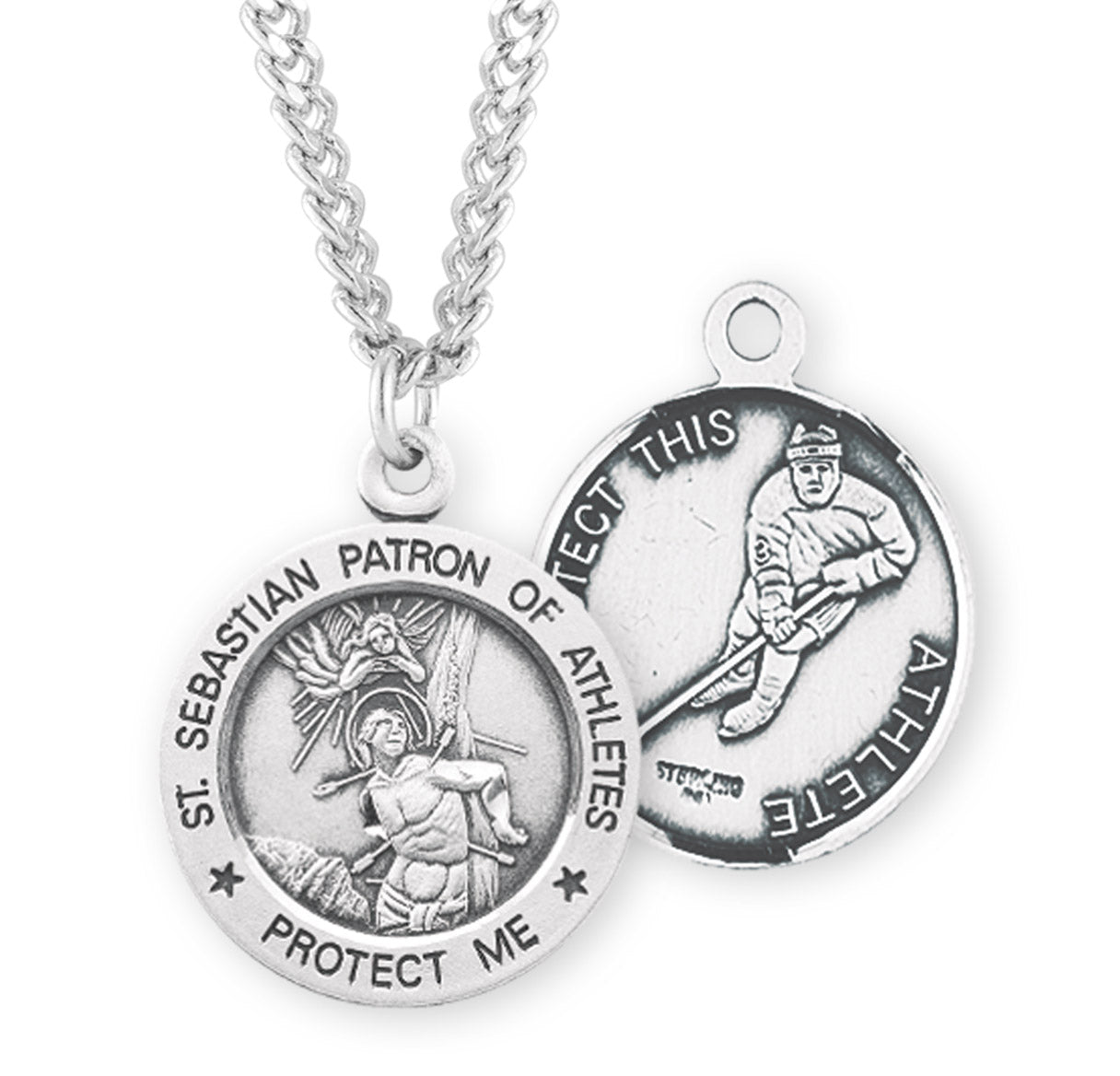 Saint Sebastian Round Sterling Silver Hockey Male Athlete Medal Pendant with Chain