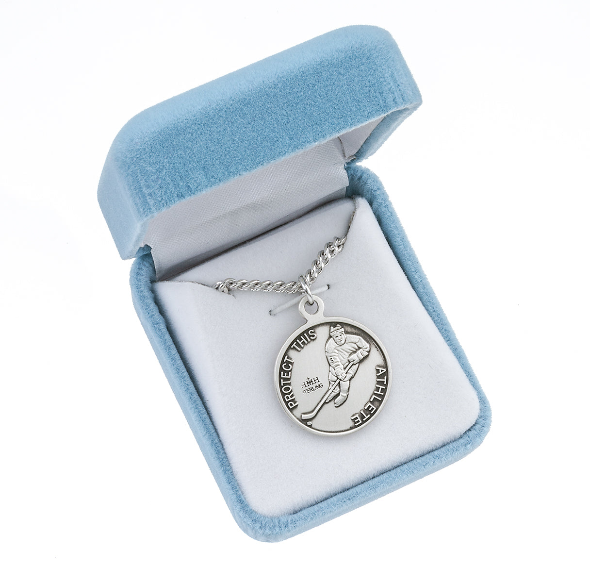 Saint Sebastian Round Sterling Silver Hockey Male Athlete Medal Pendant with Chain