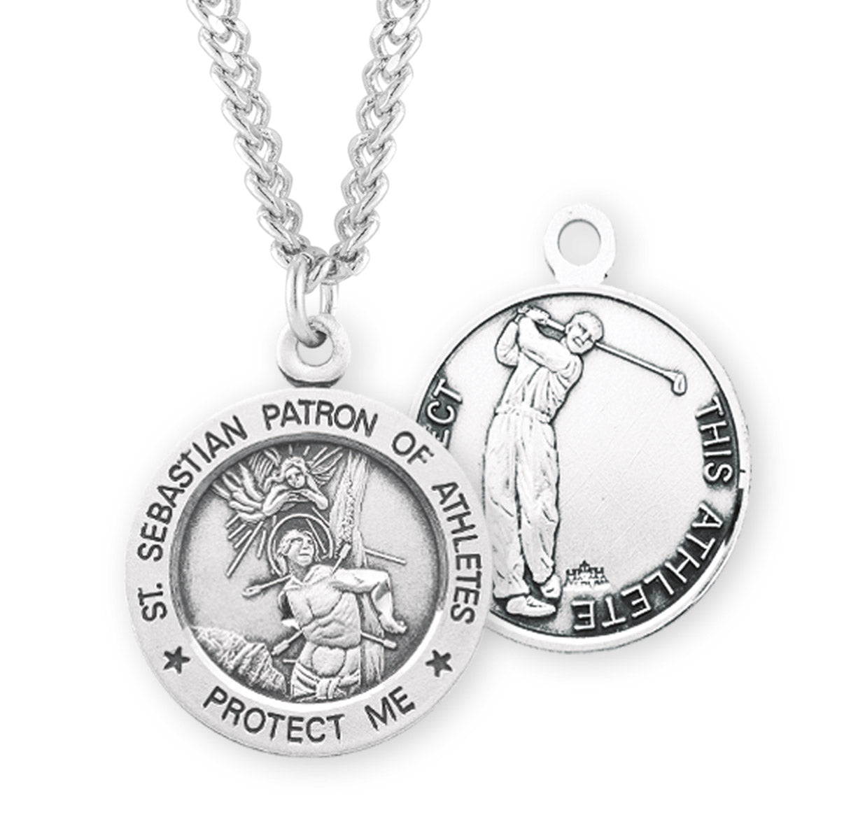 Saint Sebastian Round Sterling Silver Golf Male Athlete Medal Pendant with Chain