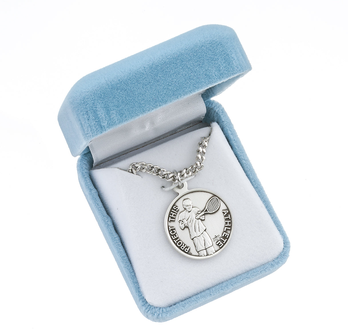 Saint Sebastian Round Sterling Silver Tennis Male Athlete Medal Pendant with Chain