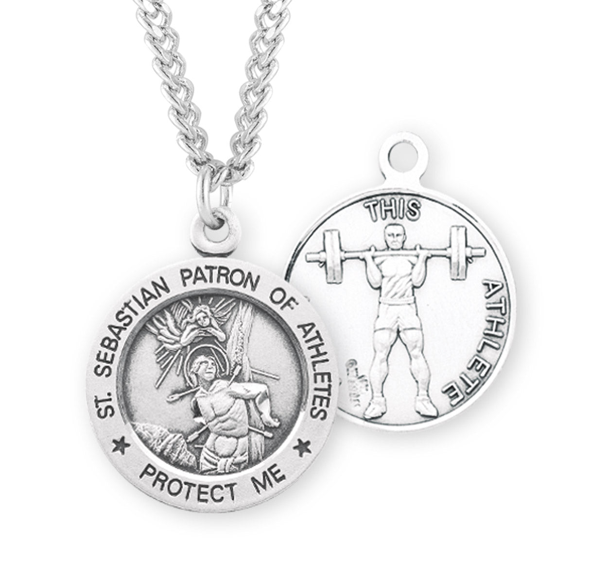 Saint Sebastian Round Sterling Silver weightlifting Male Athlete Medal Pendant with Chain