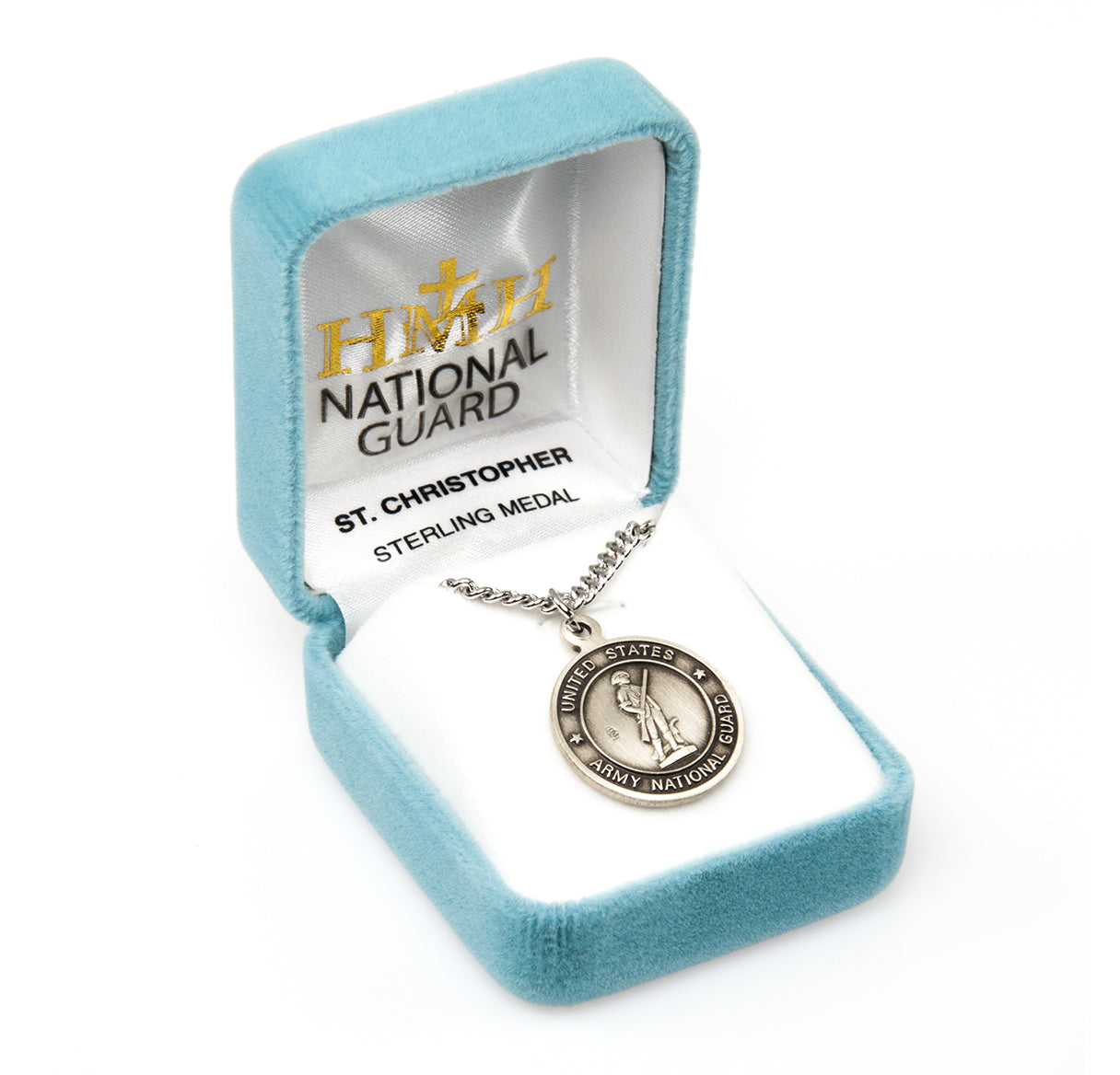 Sterling Silver Army National Guard Medal with St. Christopher on Reverse Side
