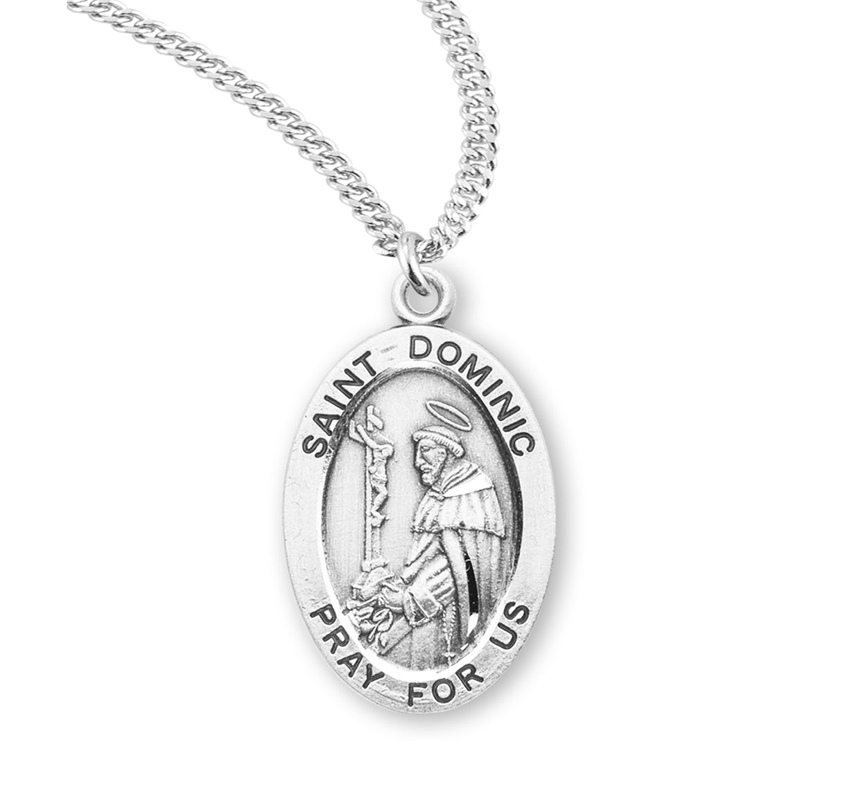 Patron Saint Dominic Oval Sterling Silver Medal Pendant with Chain